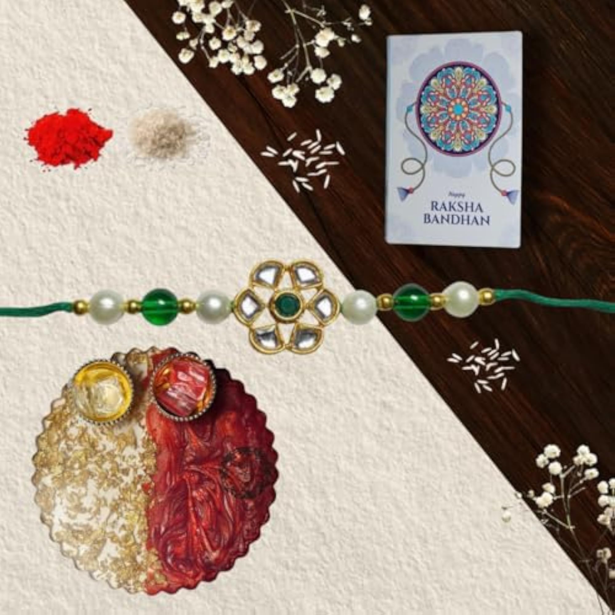 Traditional Pearl Rakhi Gift Set with Pooja Thali & Greeting Card